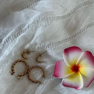 3 Pairs - Gold tone twisted hoop, J-shape tiny Rhinestone, Gray color metal rose